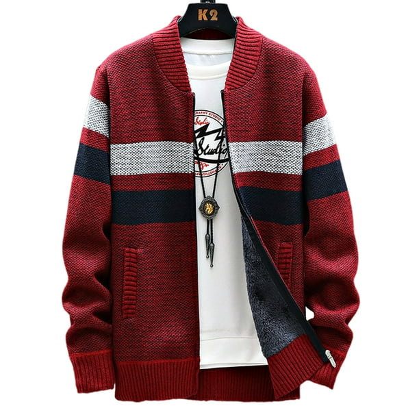 Generic Mens Open-Front Fashion Color Contrast Knitted Winter Cardigan Sweaters 